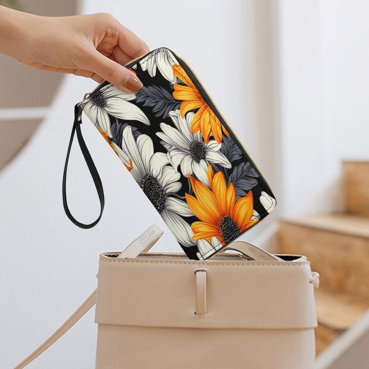 Orange and White Floral Leather Wallet with Wristlet Strap