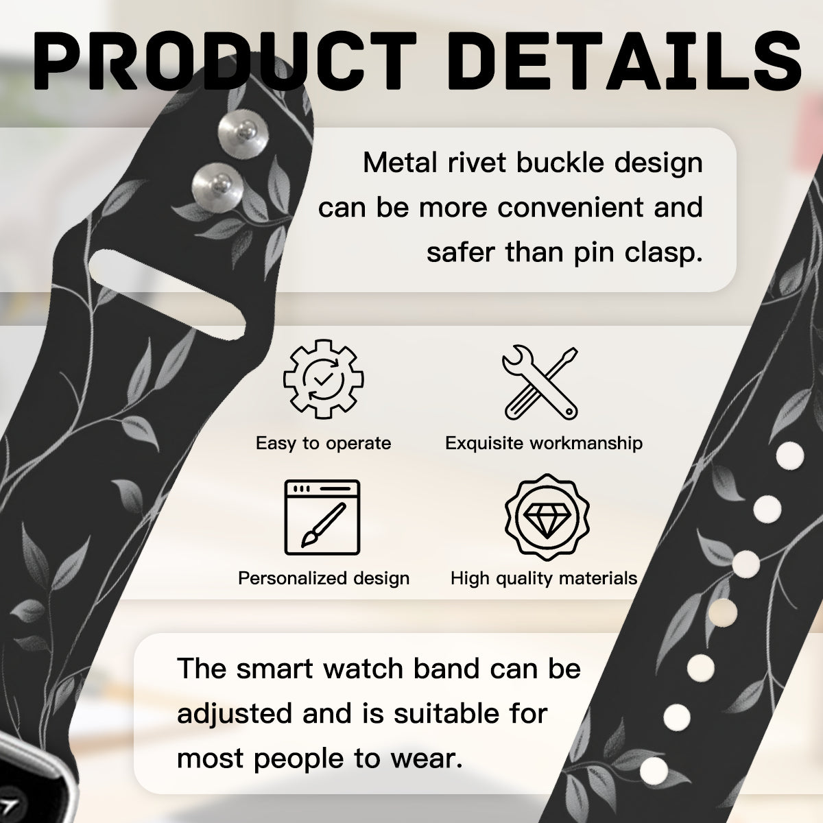 Black and Silver Vines Double Buckle Strap