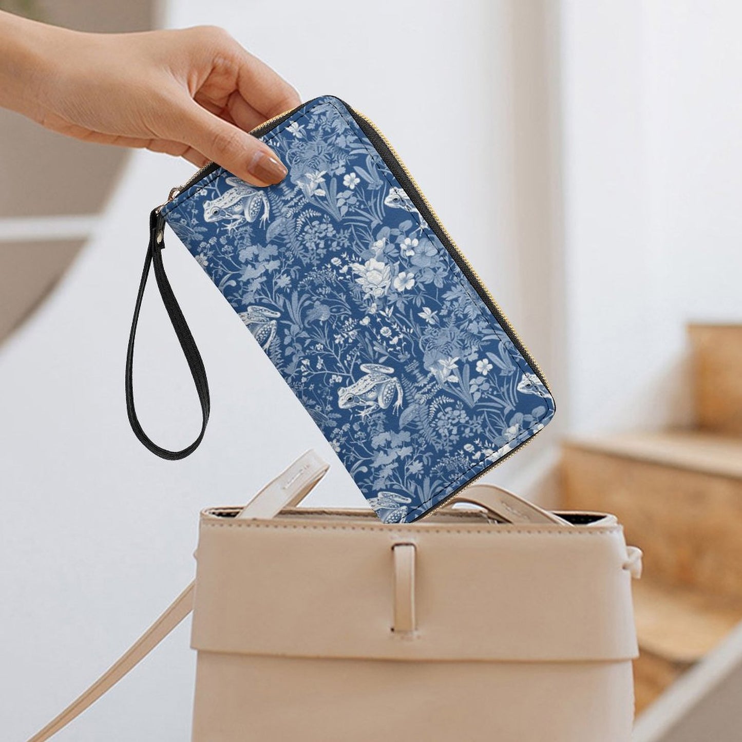 Blue Frogs and Flowers Leather Wallet with Wristlet Strap
