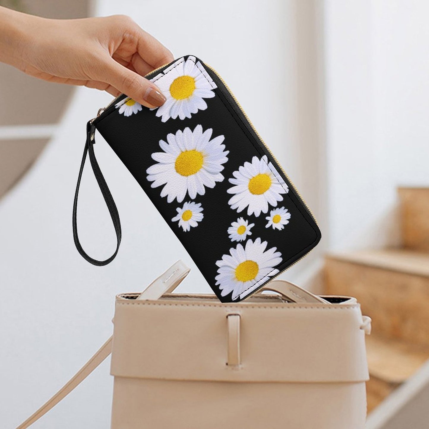 White Daisies Leather Wallet with Wristlet Strap