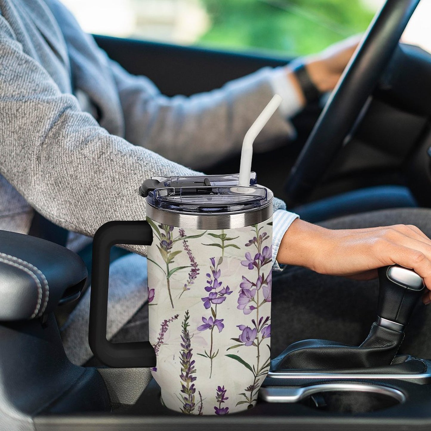 Lavender Flowers 40oz Insulated Tumbler with Handle and Straw
