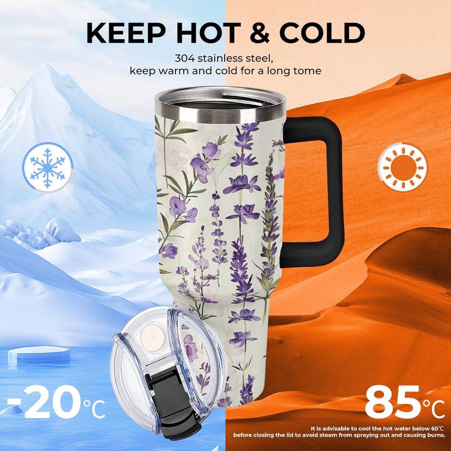 Lavender Flowers 40oz Insulated Tumbler with Handle and Straw