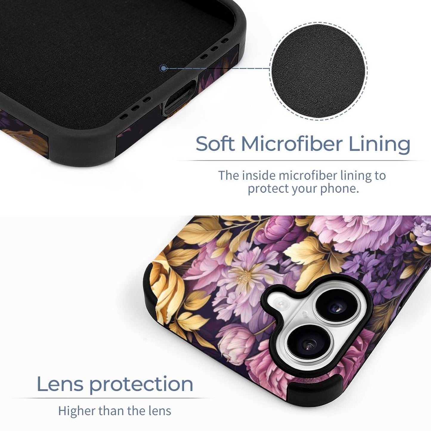 Purple Floral Microfiber iPhone Case for iPhone 16 Series