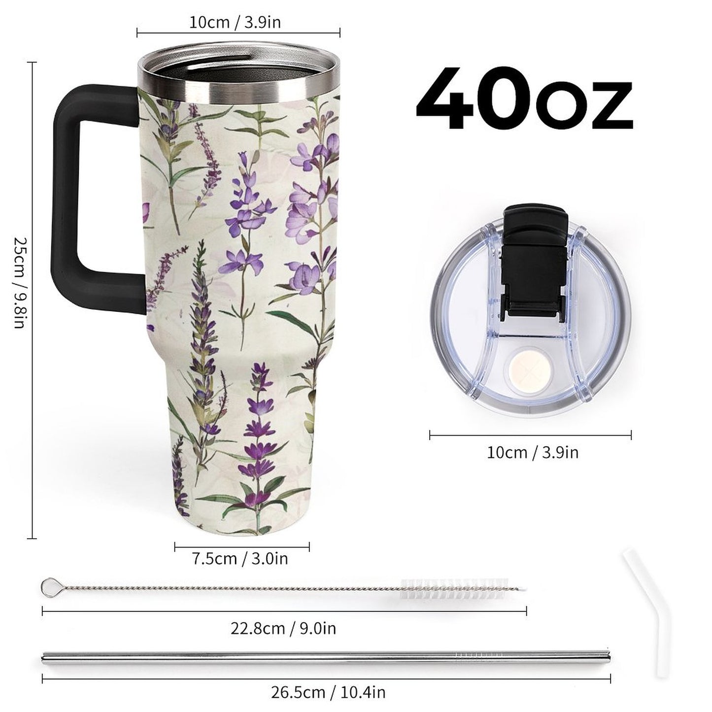 Lavender Flowers 40oz Insulated Tumbler with Handle and Straw