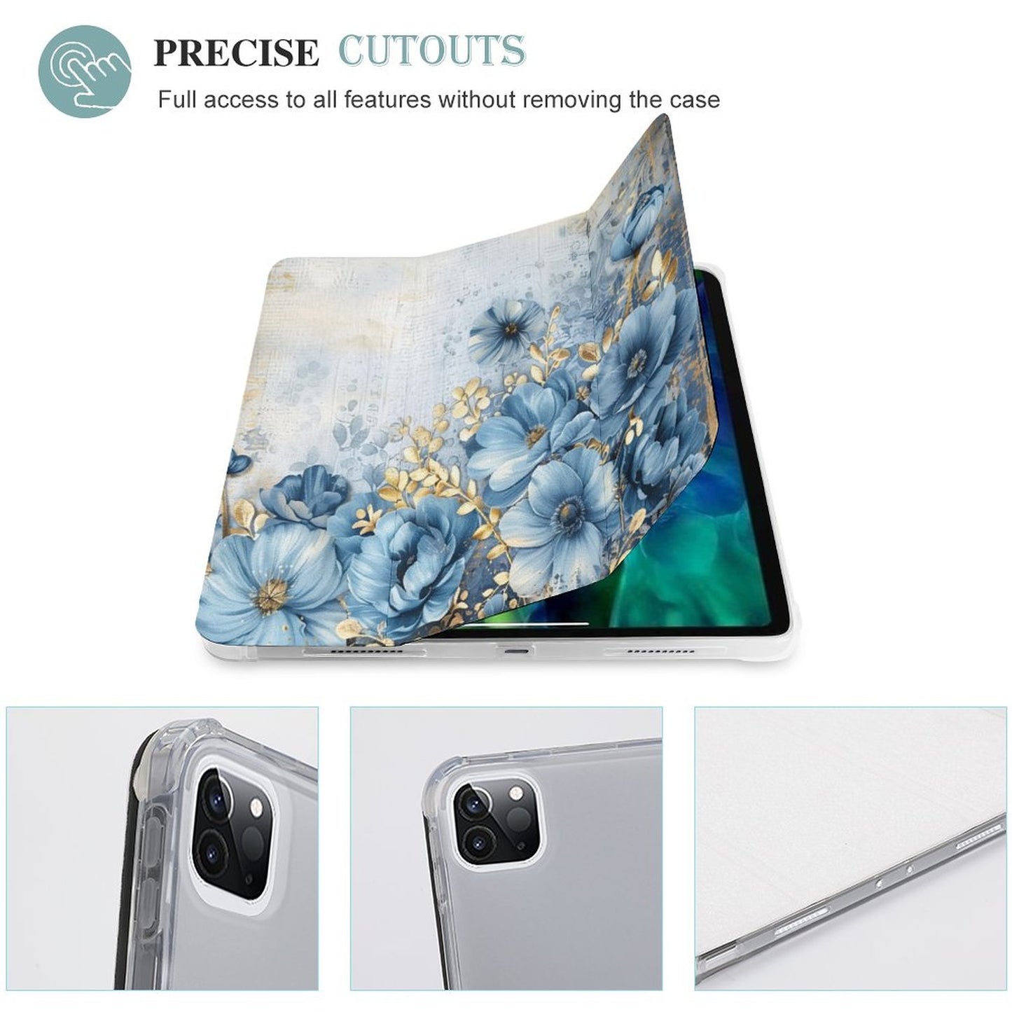 Blue and Gold Junk Floral Folding iPad Case
for Full Protection 12.9" iPad