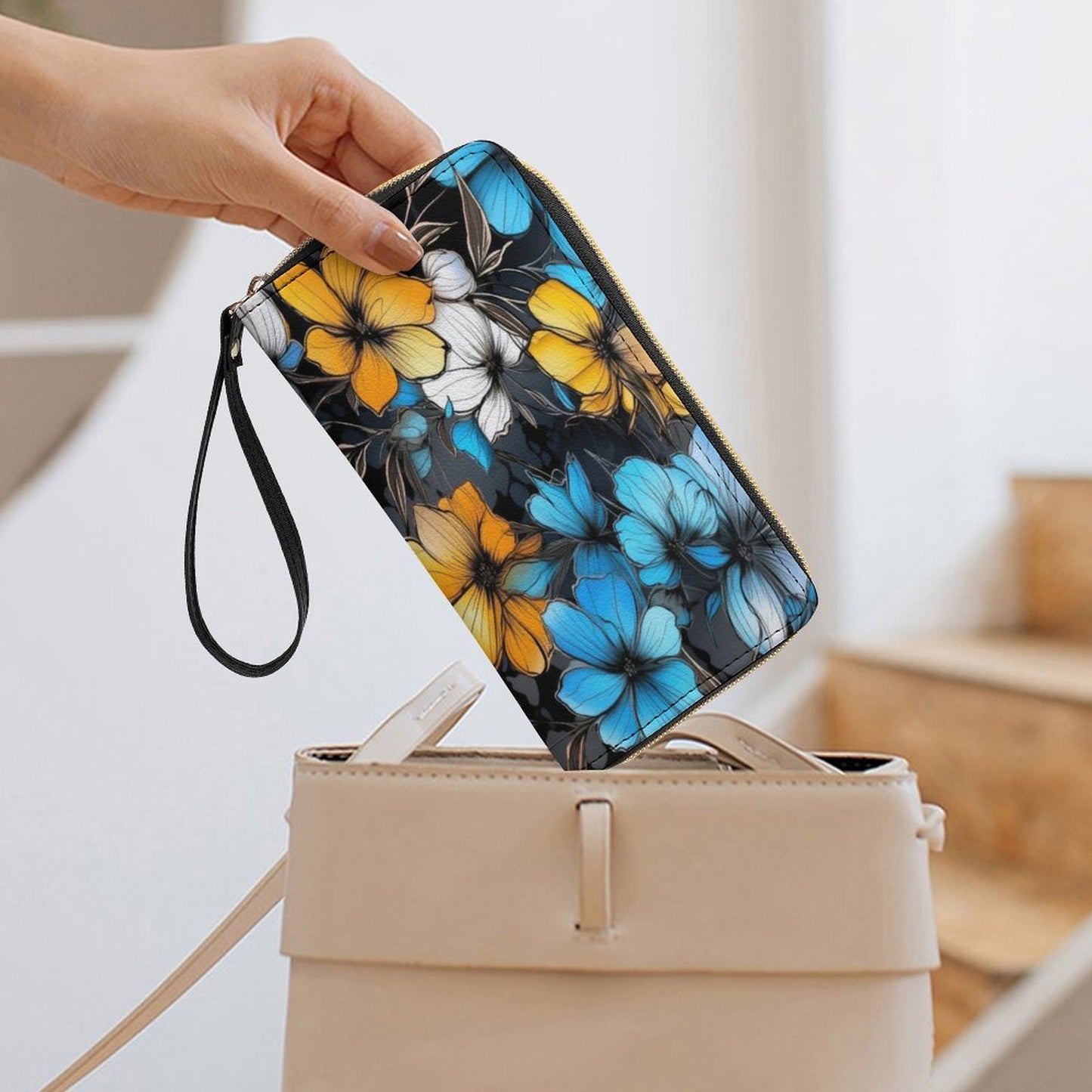 Blue and Gold Floral Leather Wallet with Wristlet Strap