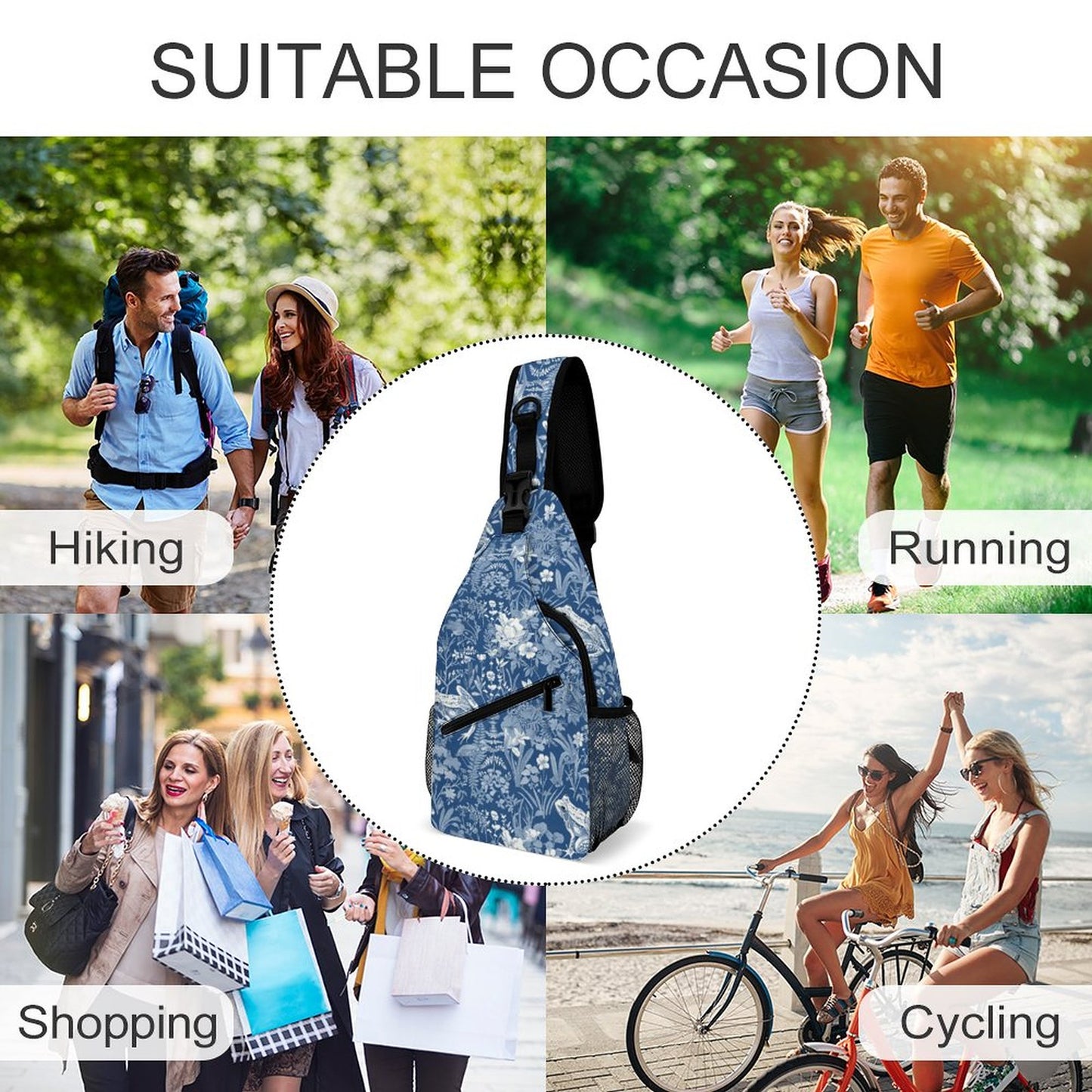 Blue and White Flowers with Frogs Unique Sling Bags