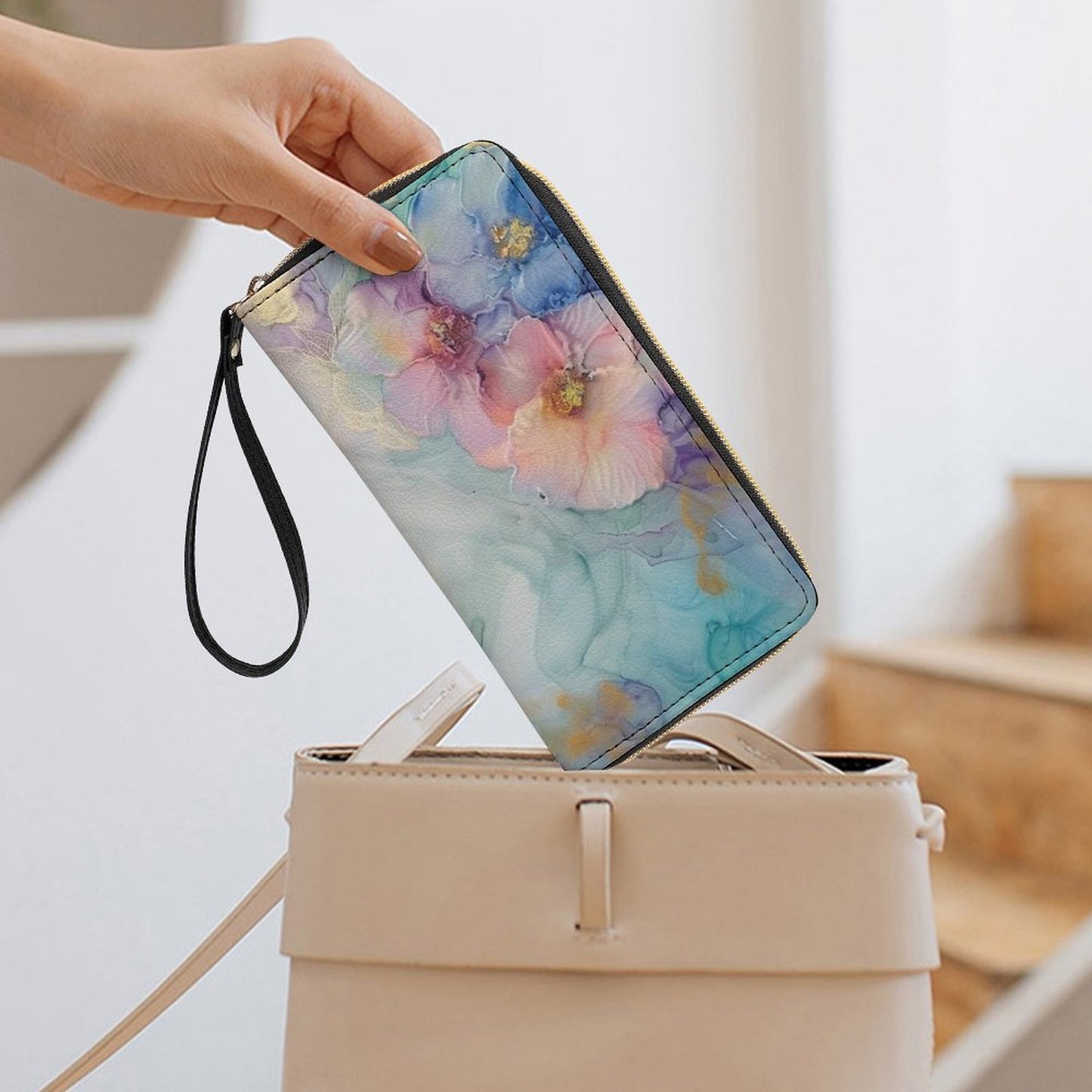 Watercolor Floral Leather Wallet with Wristlet Strap