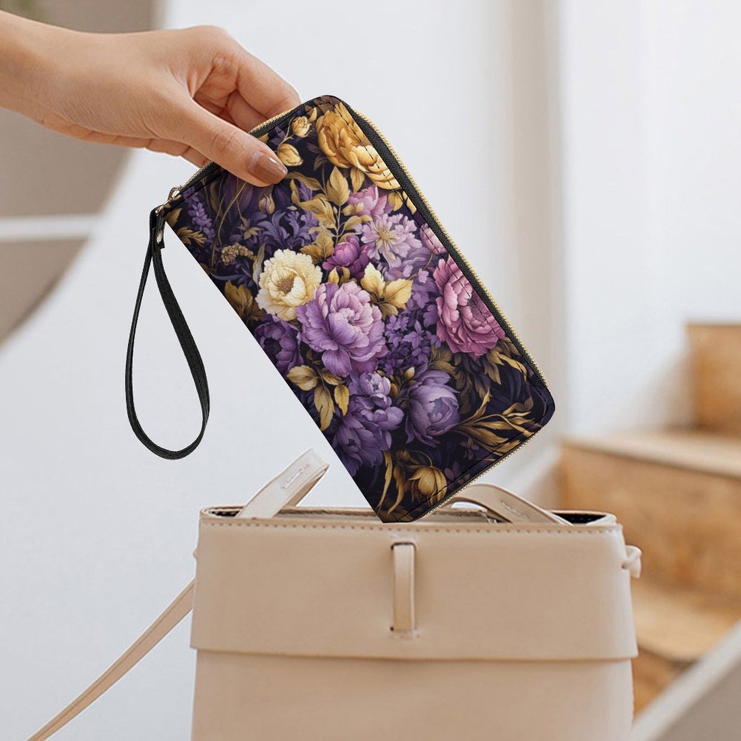Purple Floral Leather Wallet with Wristlet Strap
