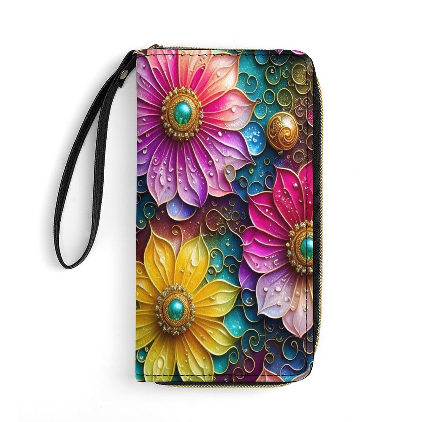 Bright Floral Desigm Leather Wallet with Wristlet Strap