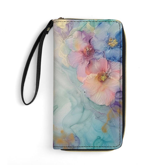 Watercolor Floral Leather Wallet with Wristlet Strap