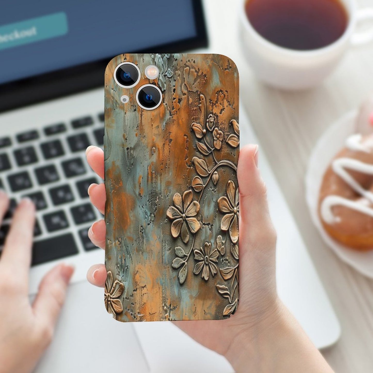 Turquoise and Rust Flowers Apple Case for iPhone 14 Series