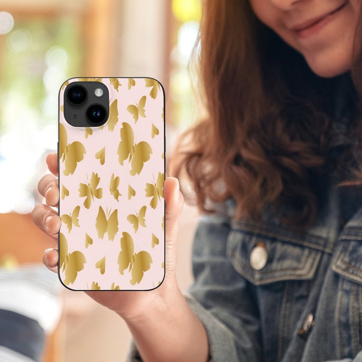 Pink with Gold Butterflies Apple iPhone Case for iPhone 15 Series