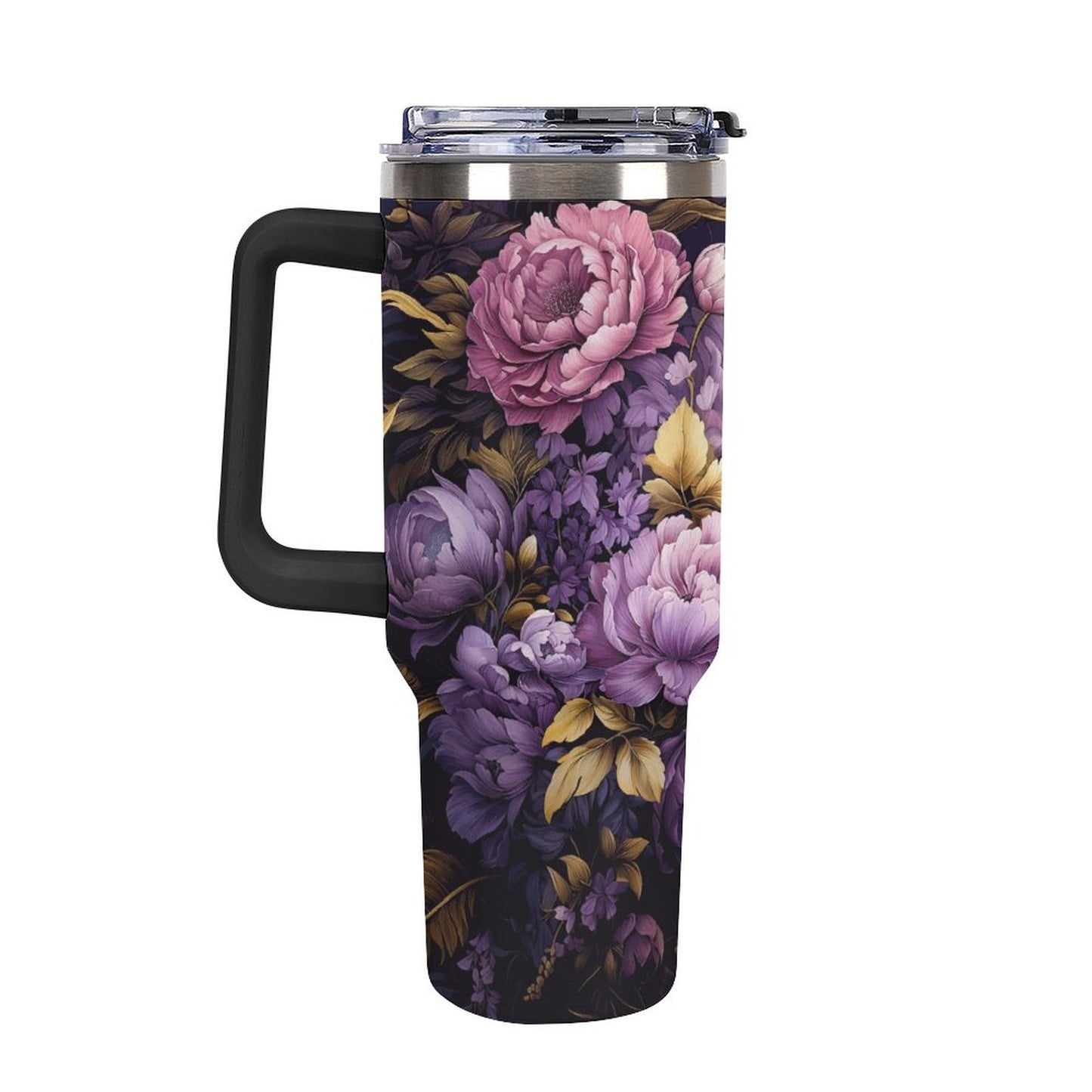 Purple Floral 40oz Insulated Tumbler with Handle and Straw