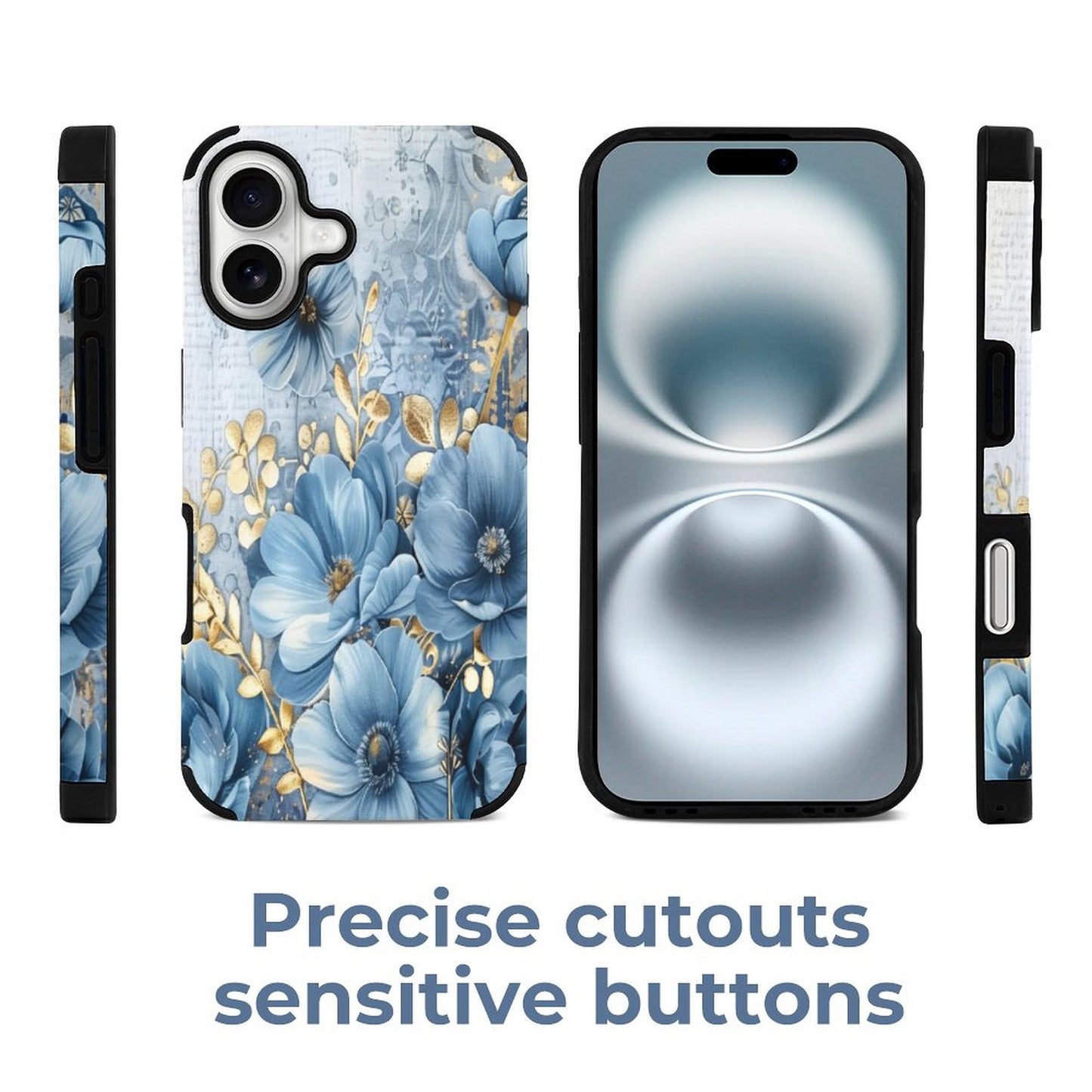 Blue and Gold Floral Microfiber iPhone Case for iPhone 16 Series