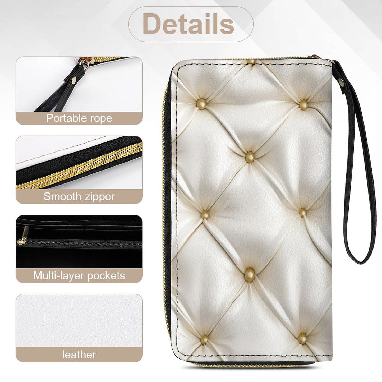 White Leather Wallet with Wristlet Strap