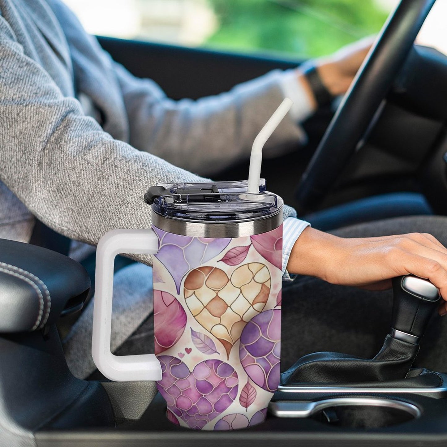 Hearts and Leaves 40oz Insulated Tumbler with Handle and Straw