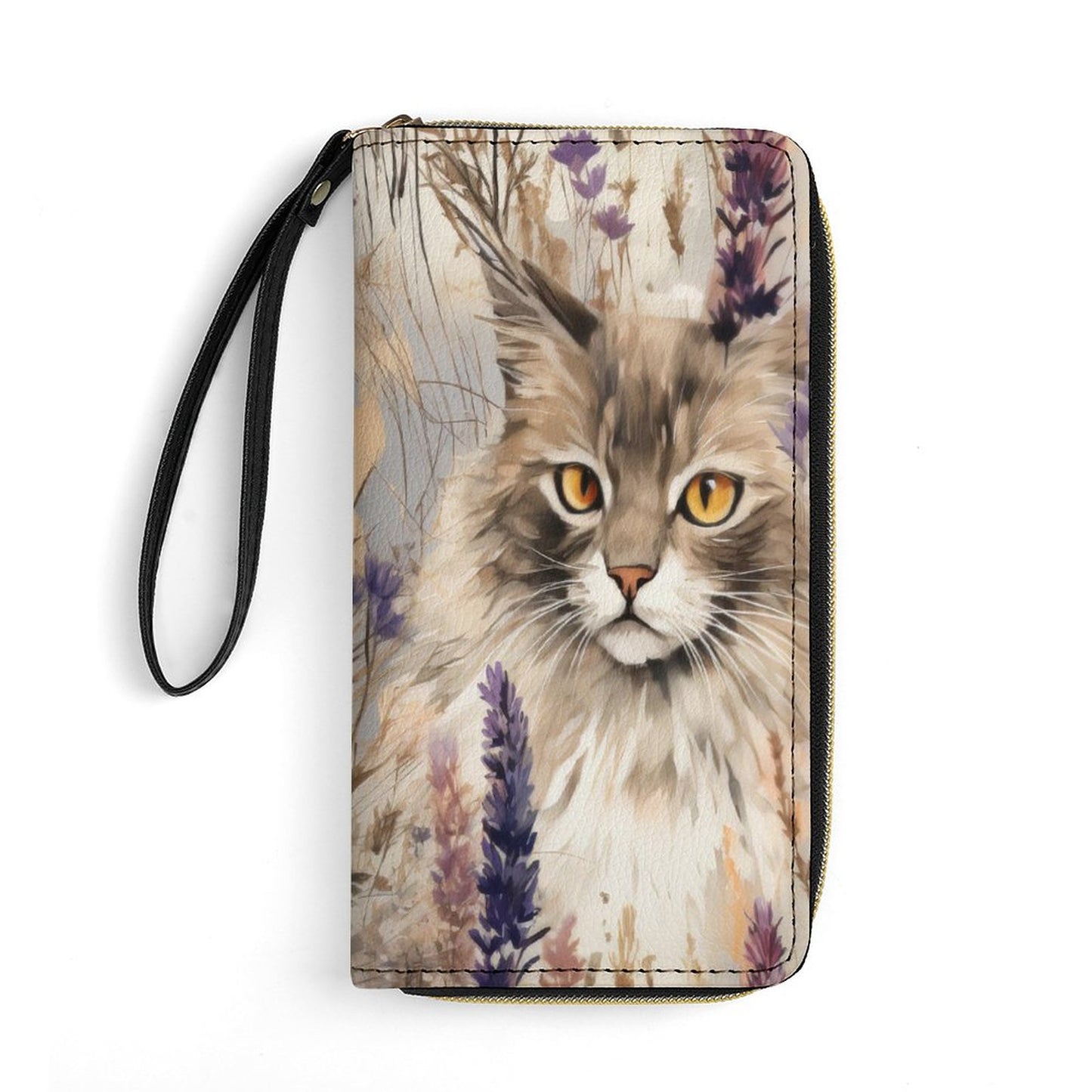 Cat with Floral Leather Wallet with Wristlet Strap