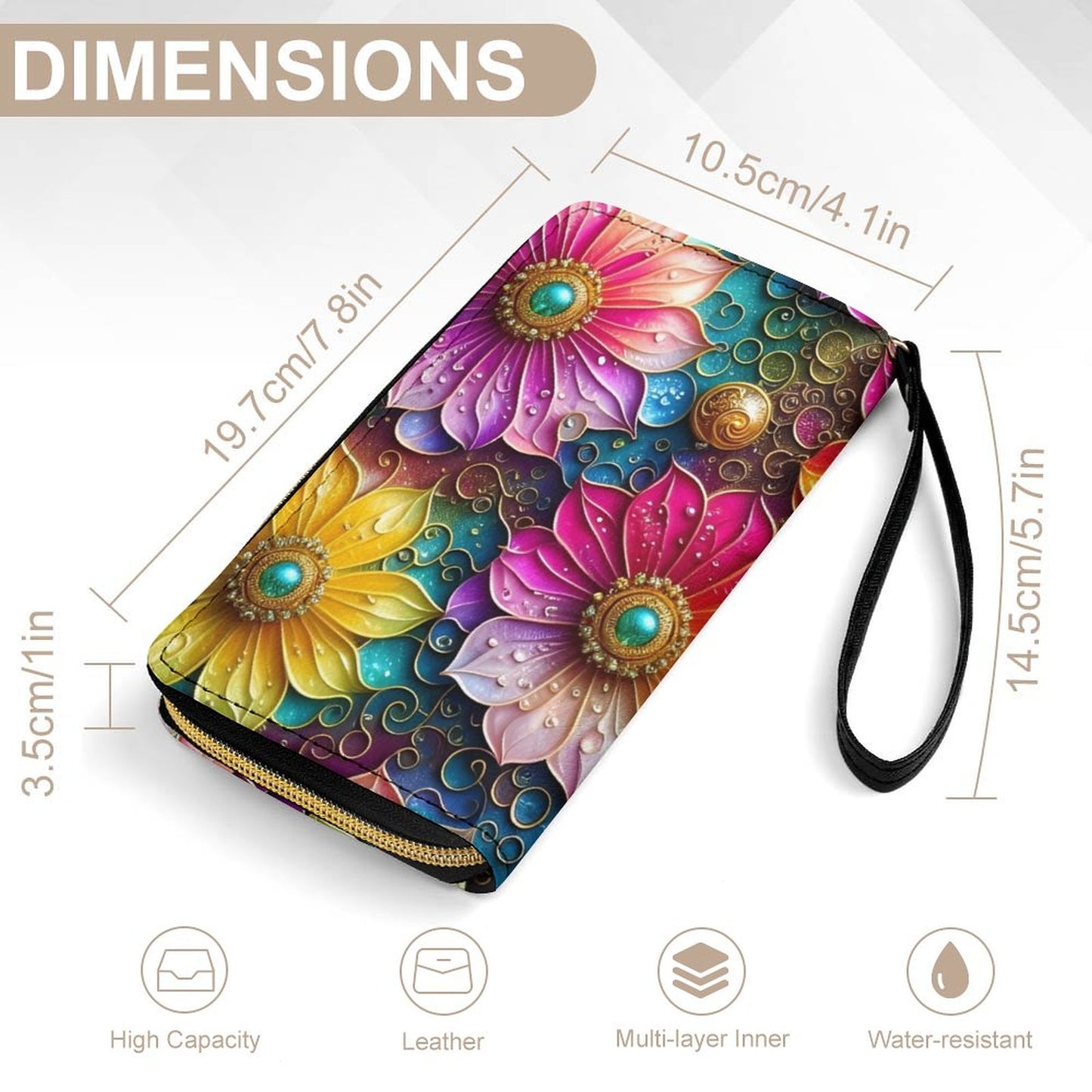 Bright Floral Desigm Leather Wallet with Wristlet Strap