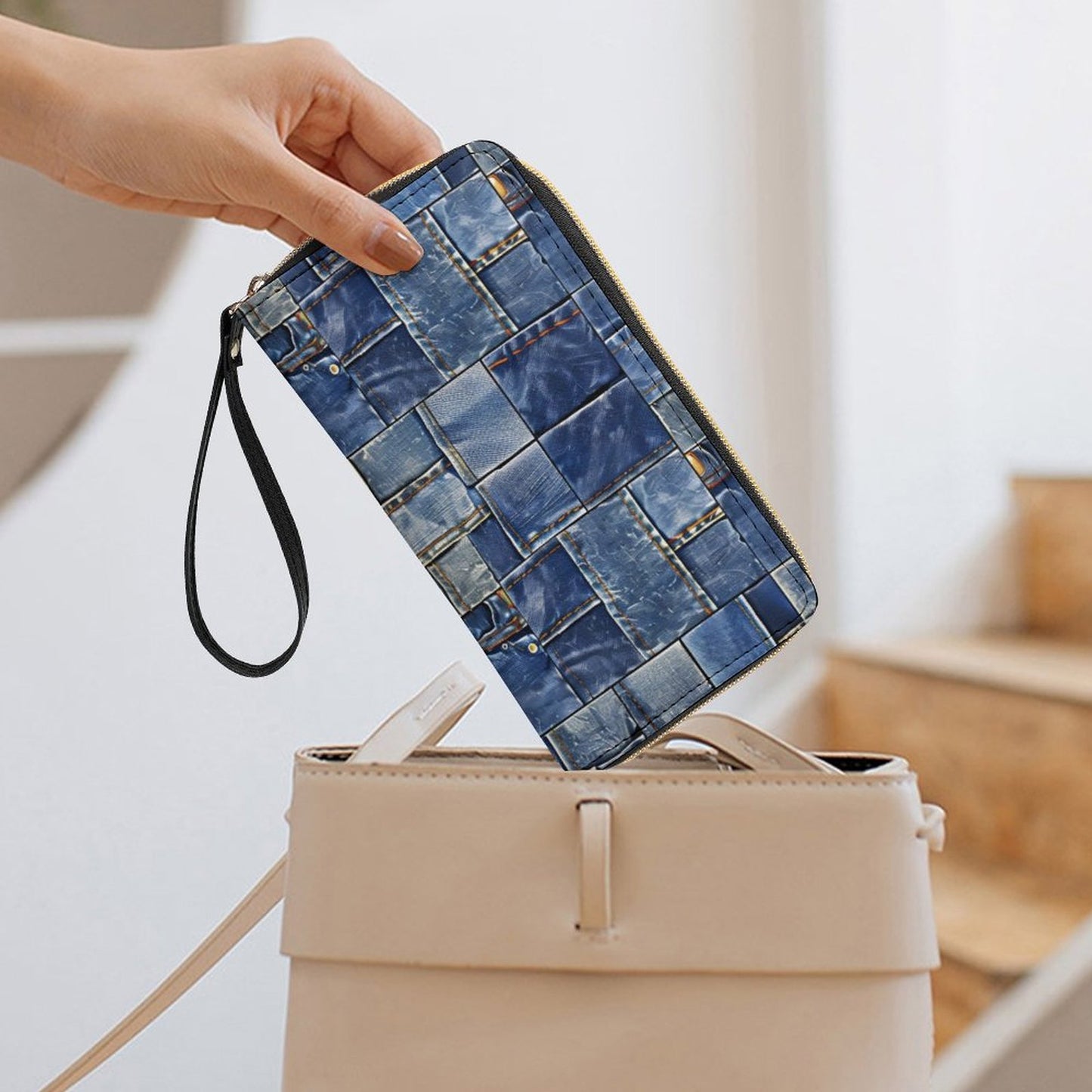 Denim Patch Leather Wallet with Wristlet Strap