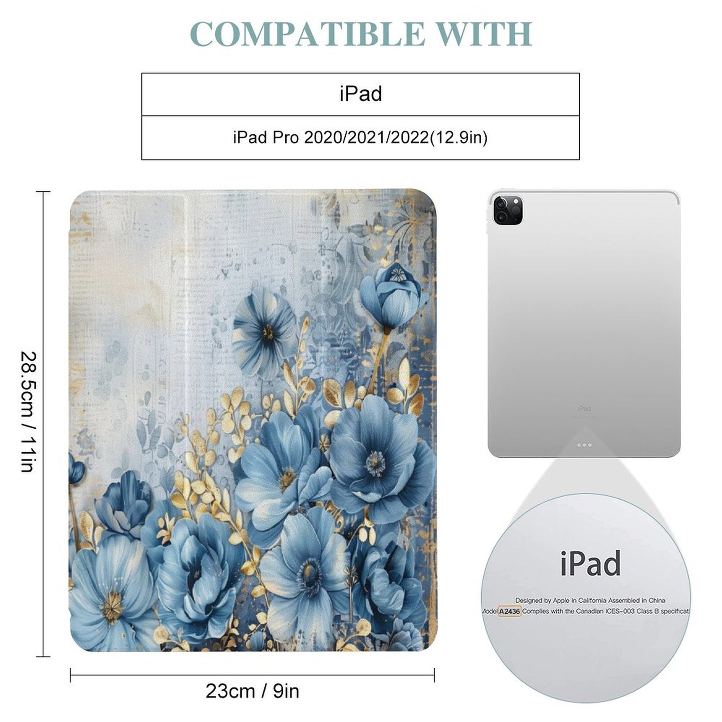 Blue and Gold Junk Floral Folding iPad Case 
for Full Protection 12.9" iPad