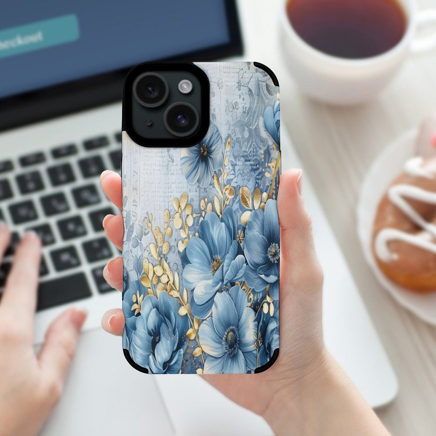 Blue and Gold Floral Microfiber iPhone Case for iPhone 15 Series