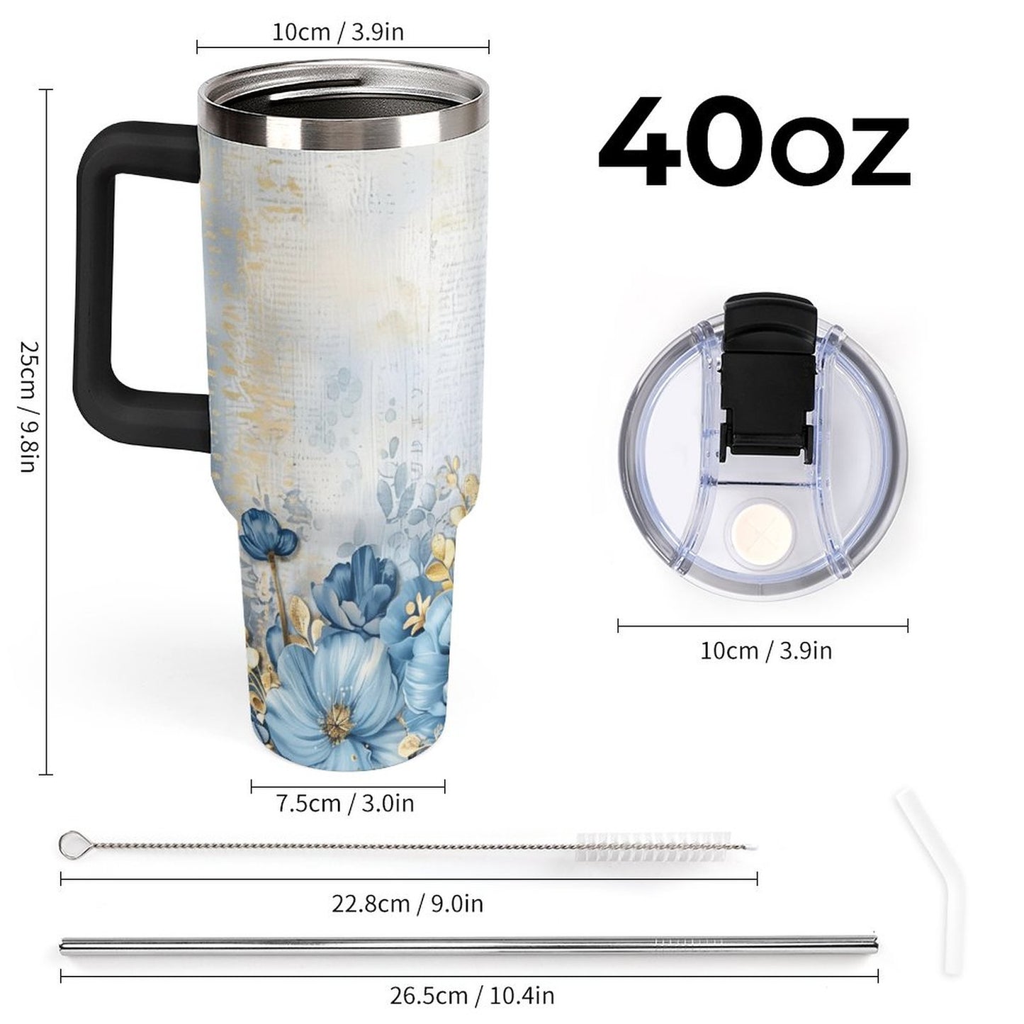 Blue and Gold Floral 40oz Insulated Tumbler with Handle and Straw