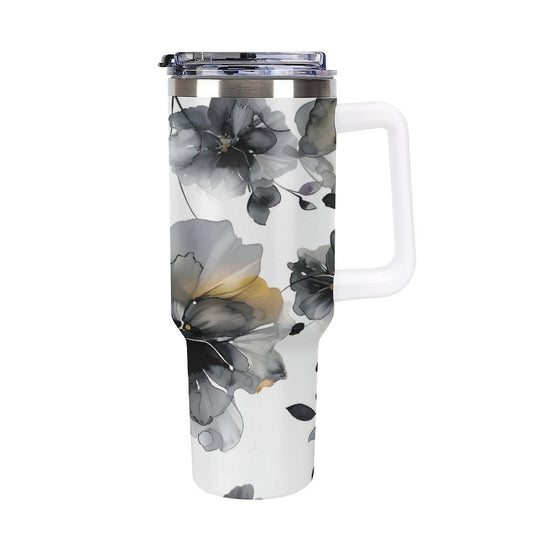 Alcohol Black Floral 40oz Insulated Tumbler with Handle and Straw