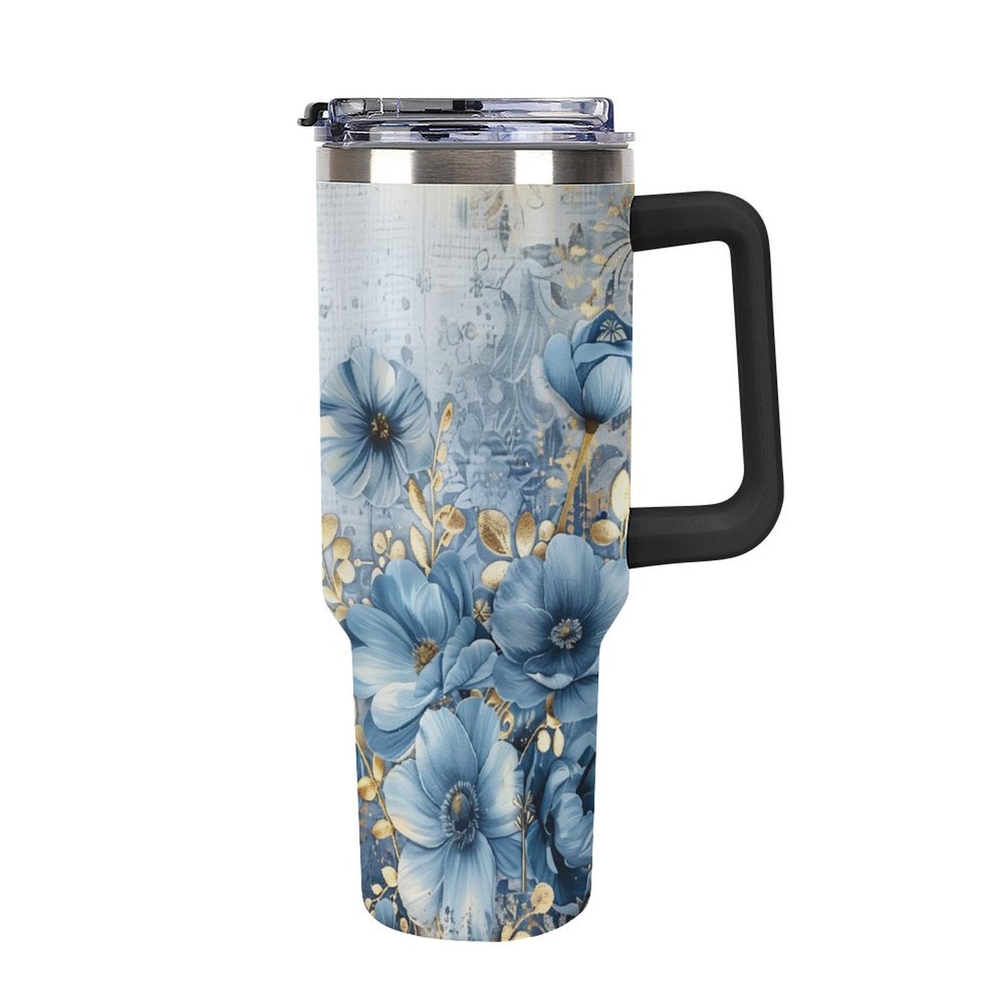 Blue and Gold Floral 40oz Insulated Tumbler with Handle and Straw