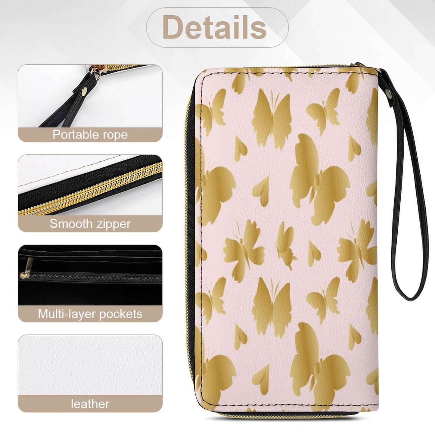 Pink and Gold Butterflies Leather Wallet with Wristlet Strap