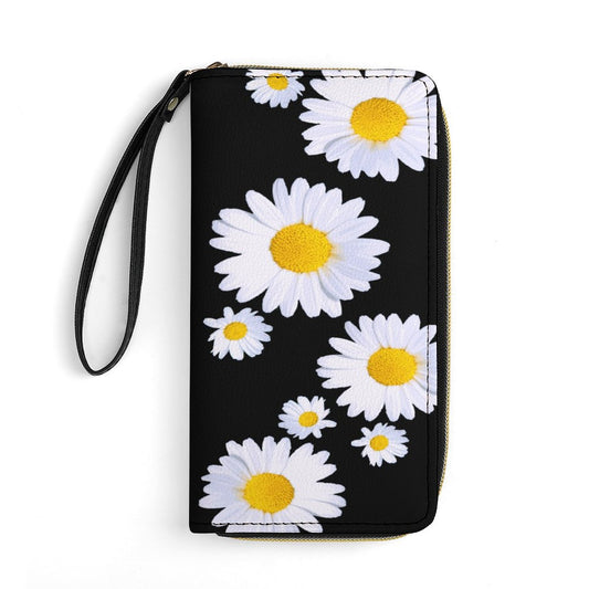 White Daisies Leather Wallet with Wristlet Strap