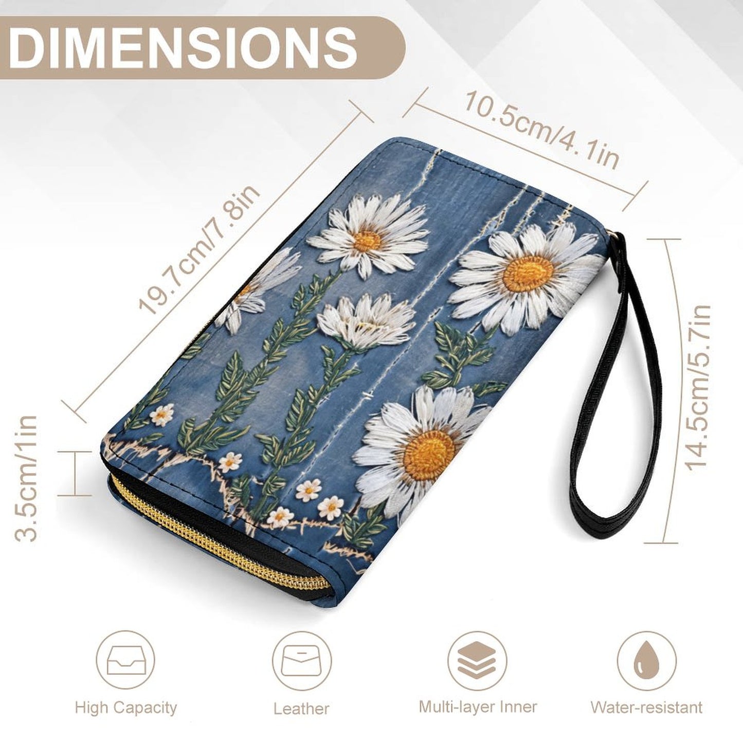 Denim and Daisies Leather Wallet with Wristlet Strap