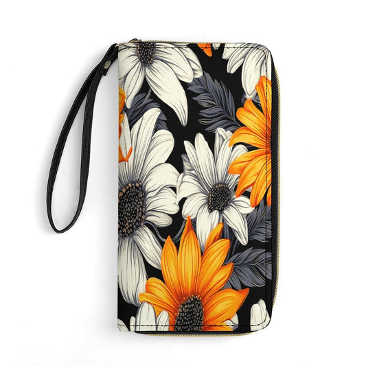 Orange and White Floral Leather Wallet with Wristlet Strap