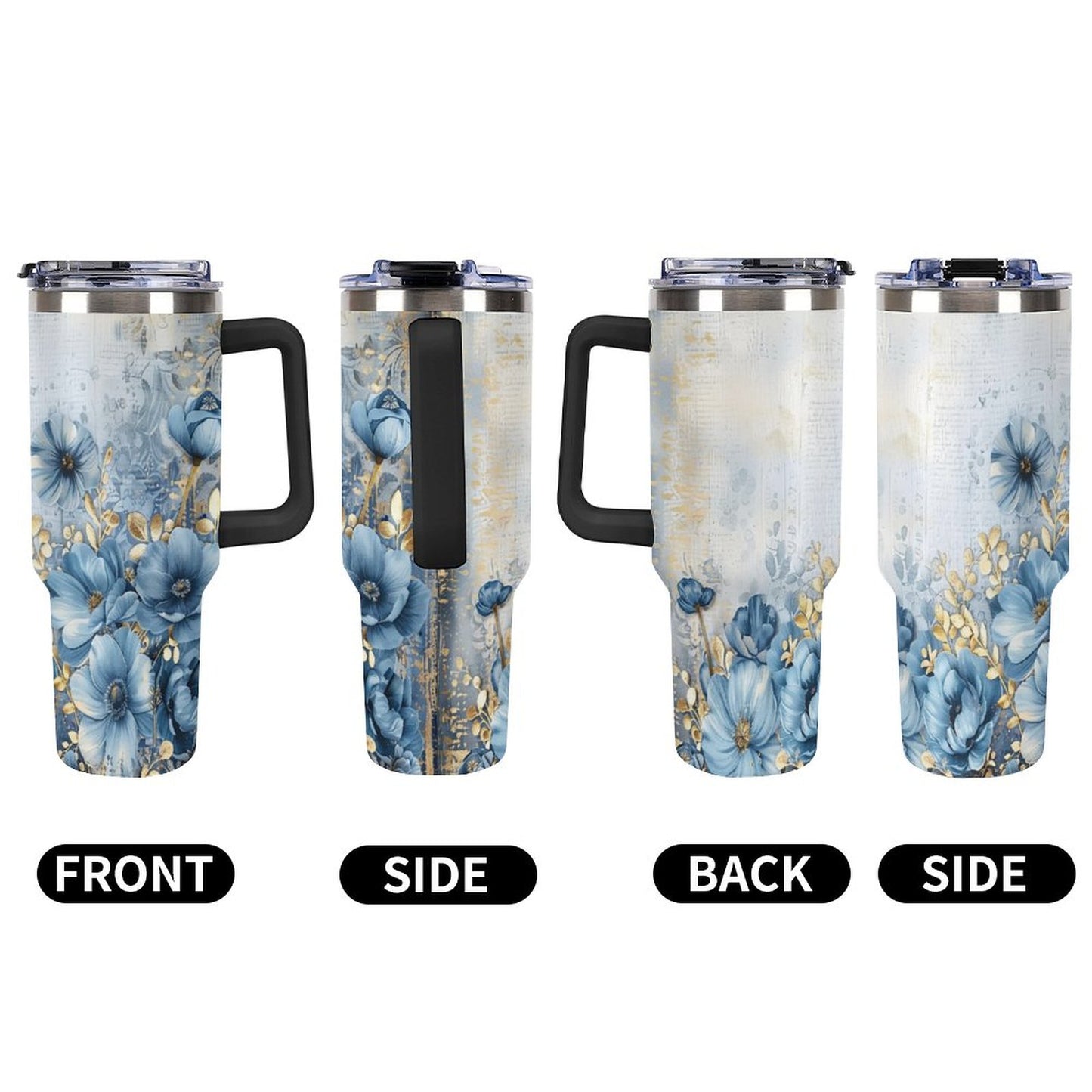 Blue and Gold Floral 40oz Insulated Tumbler with Handle and Straw