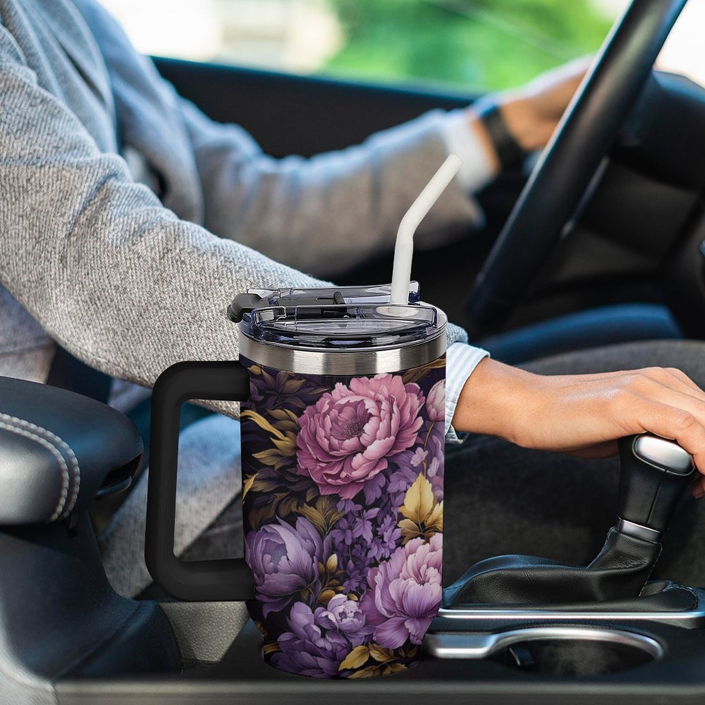 Purple Floral 40oz Insulated Tumbler with Handle and Straw