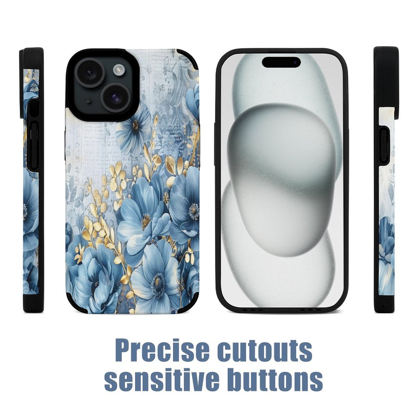 Blue and Gold Floral Microfiber iPhone Case for iPhone 15 Series