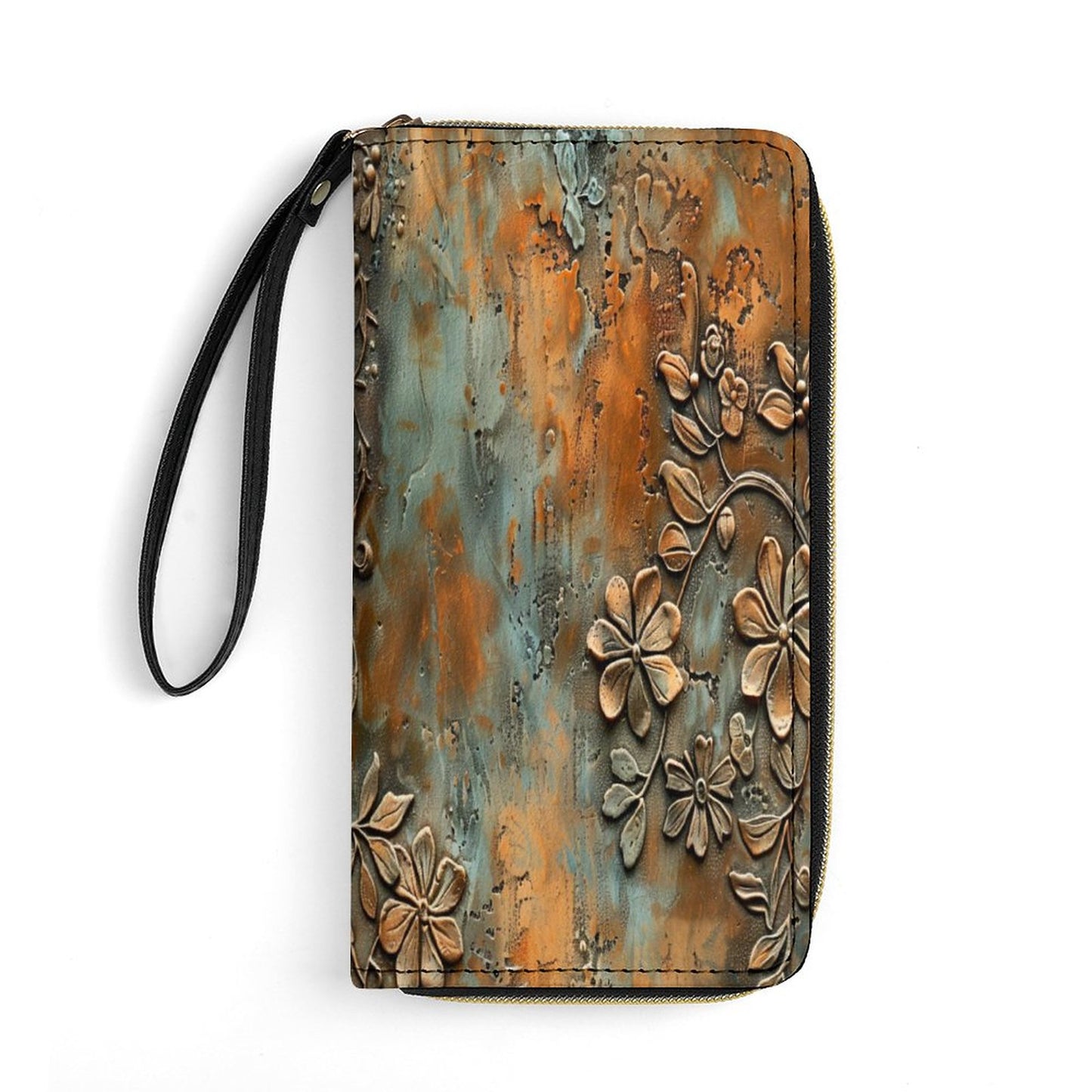 Vintage Rust Floral Leather Wallet with Wristlet Strap