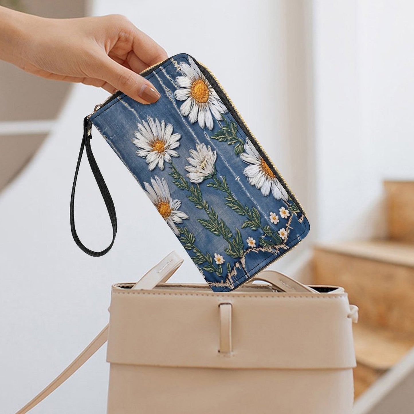 Denim and Daisies Leather Wallet with Wristlet Strap