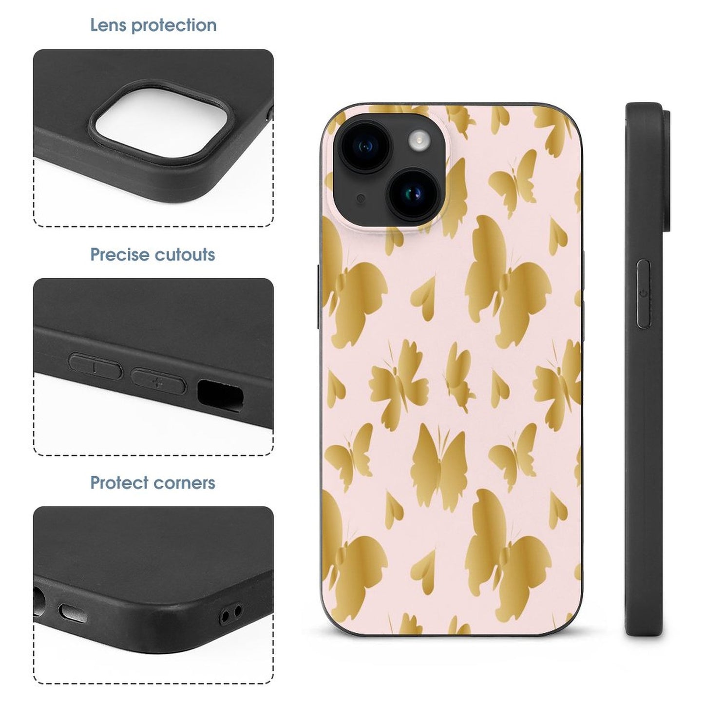 Pink with Gold Butterflies Apple iPhone Case for iPhone 15 Series