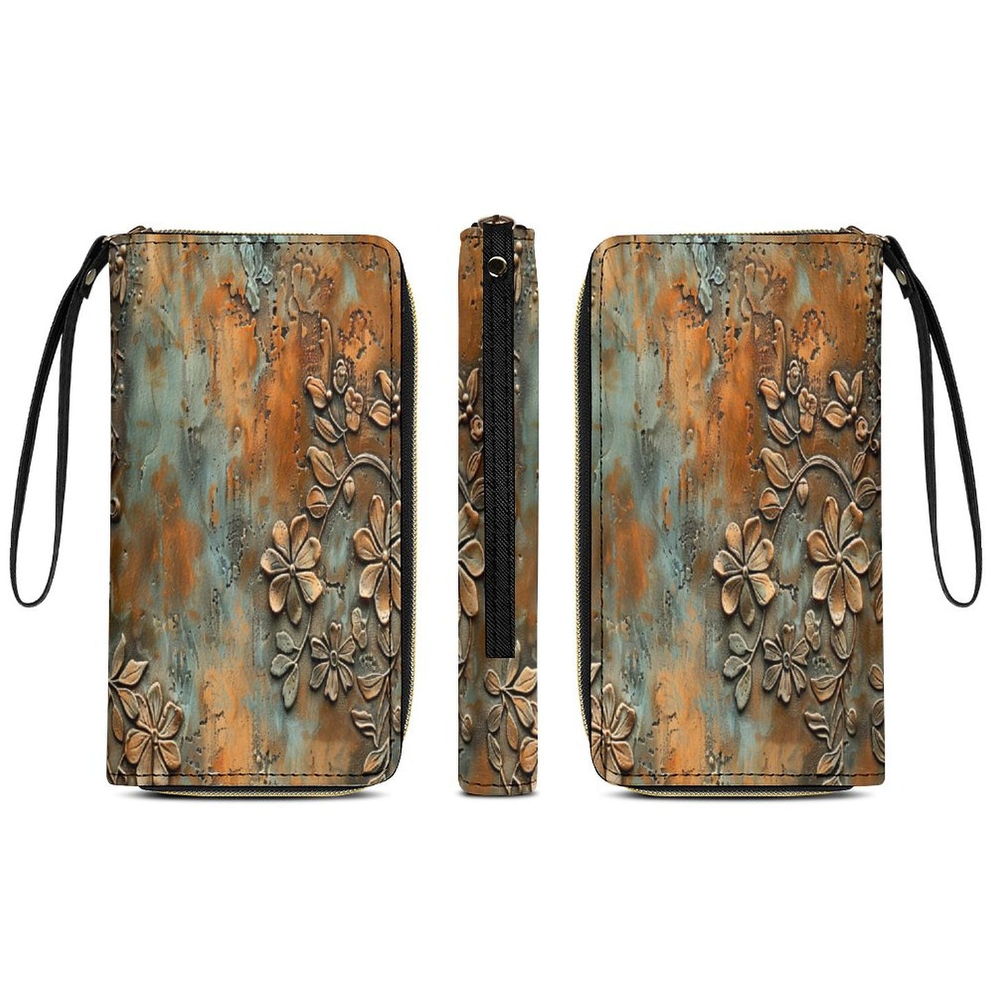 Vintage Rust Floral Leather Wallet with Wristlet Strap