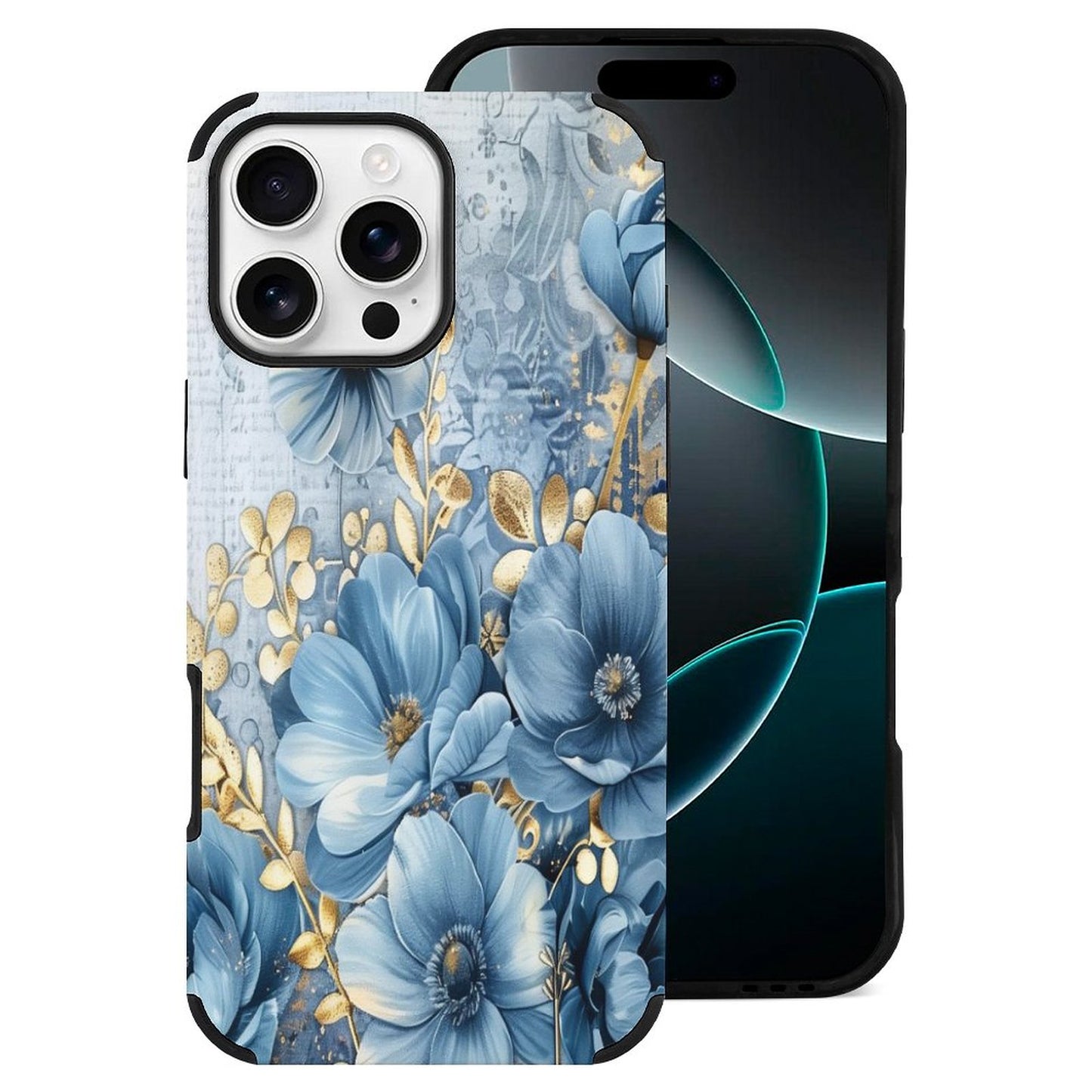 Blue and Gold Floral Microfiber iPhone Case for iPhone 16 Series