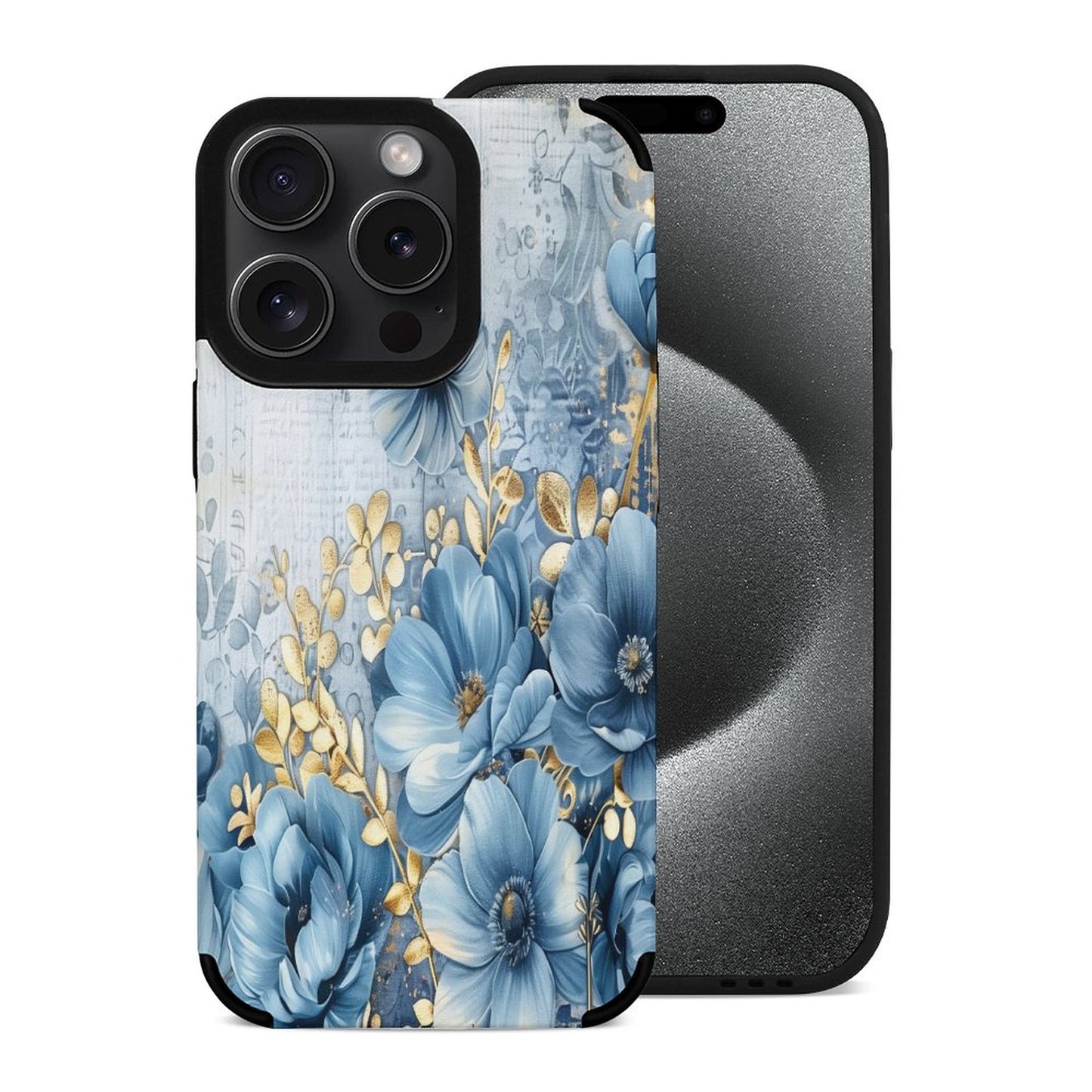 Blue and Gold Floral Microfiber iPhone Case for iPhone 15 Series