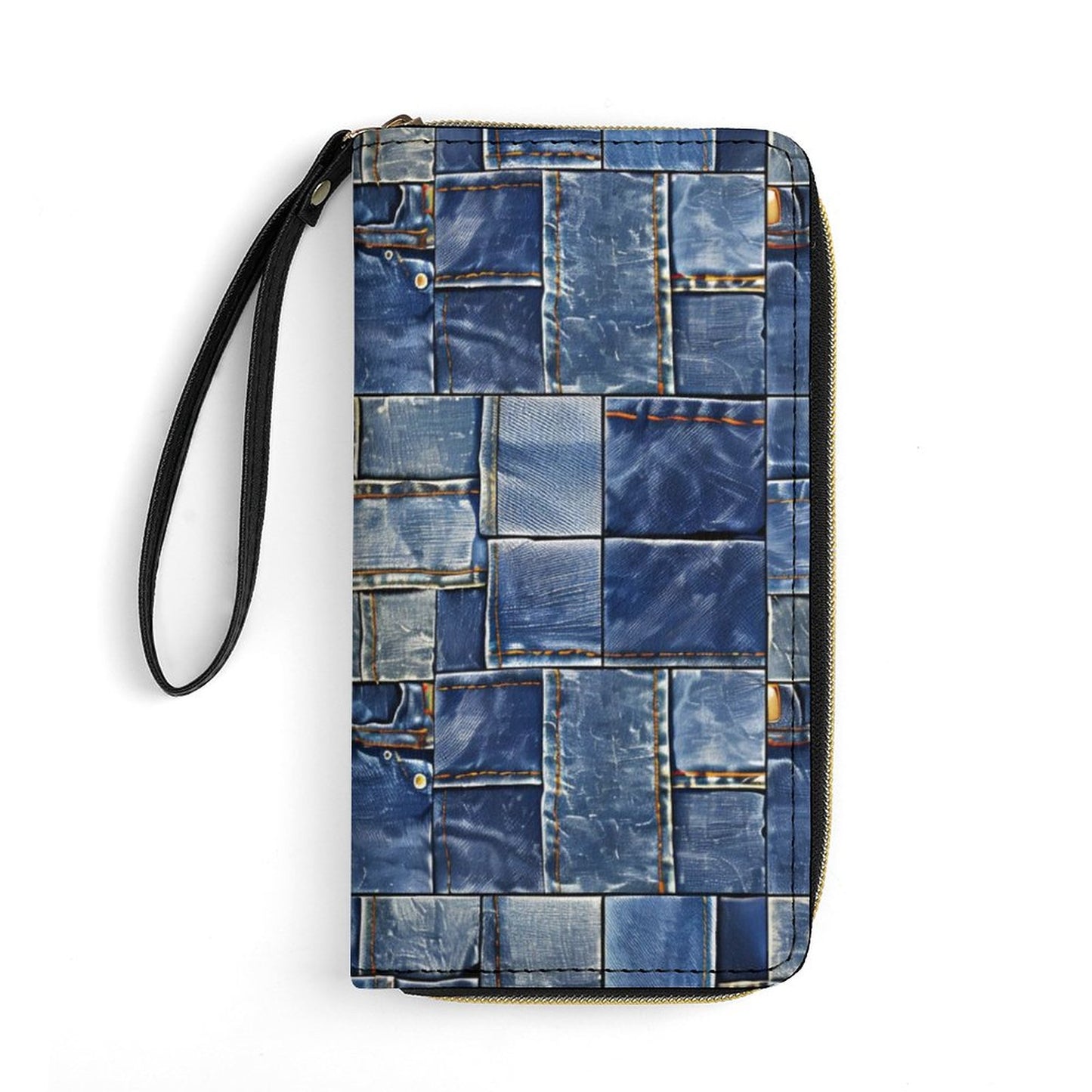 Denim Patch Leather Wallet with Wristlet Strap