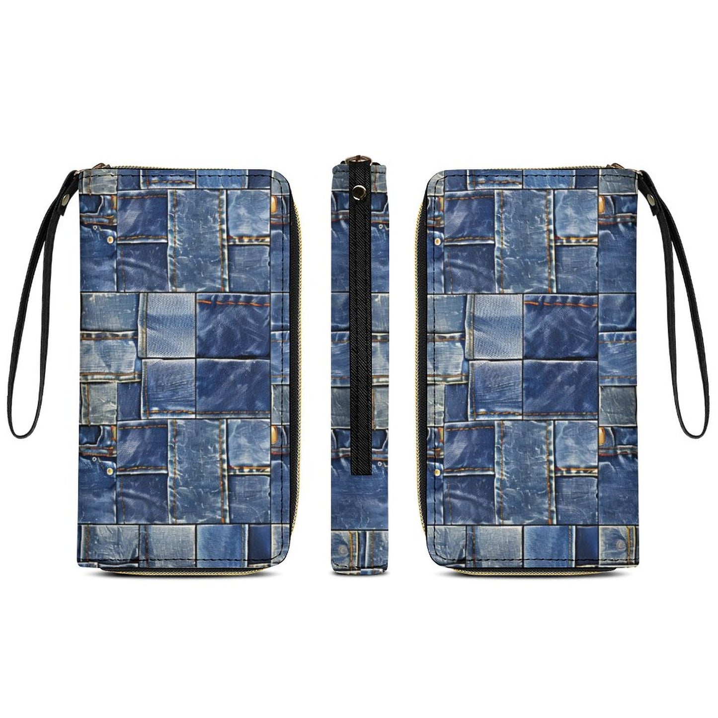 Denim Patch Leather Wallet with Wristlet Strap