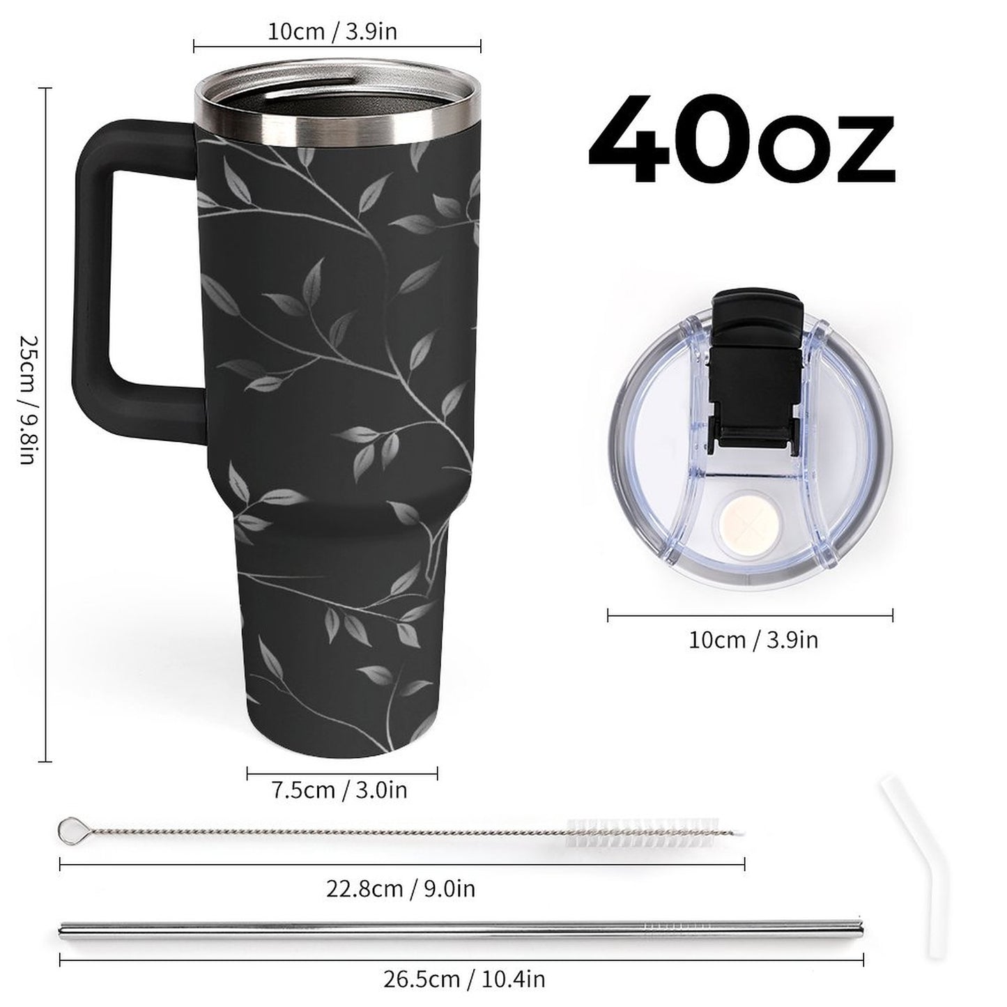 Black and Silver Vines 40oz Insulated Tumbler with Handle and Straw
