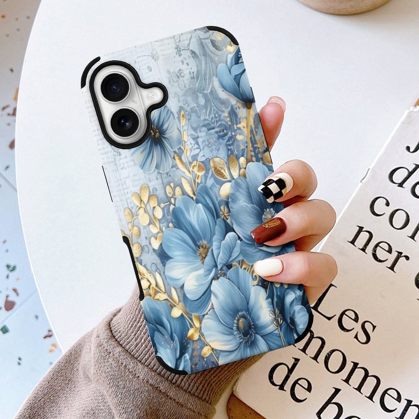 Blue and Gold Floral Microfiber iPhone Case for iPhone 16 Series