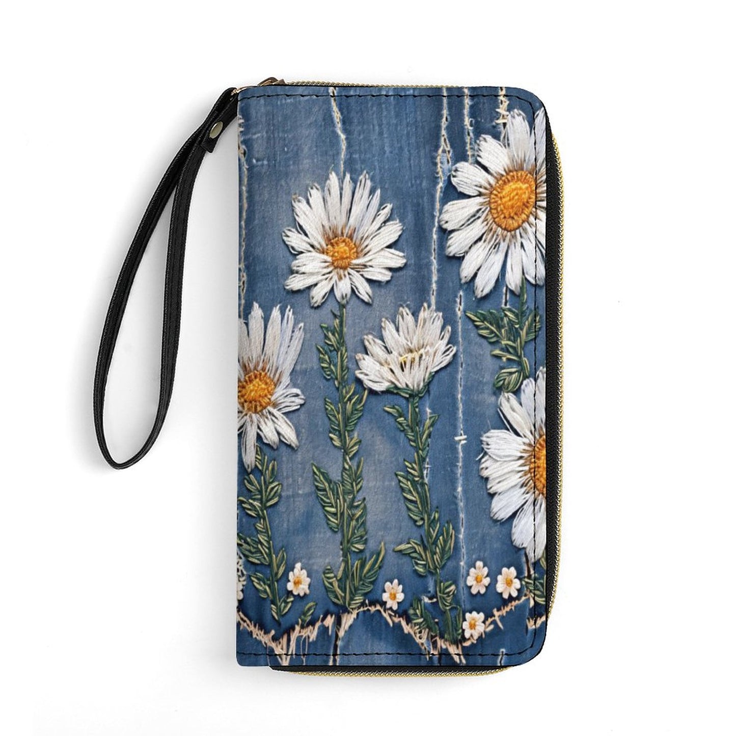 Denim and Daisies Leather Wallet with Wristlet Strap