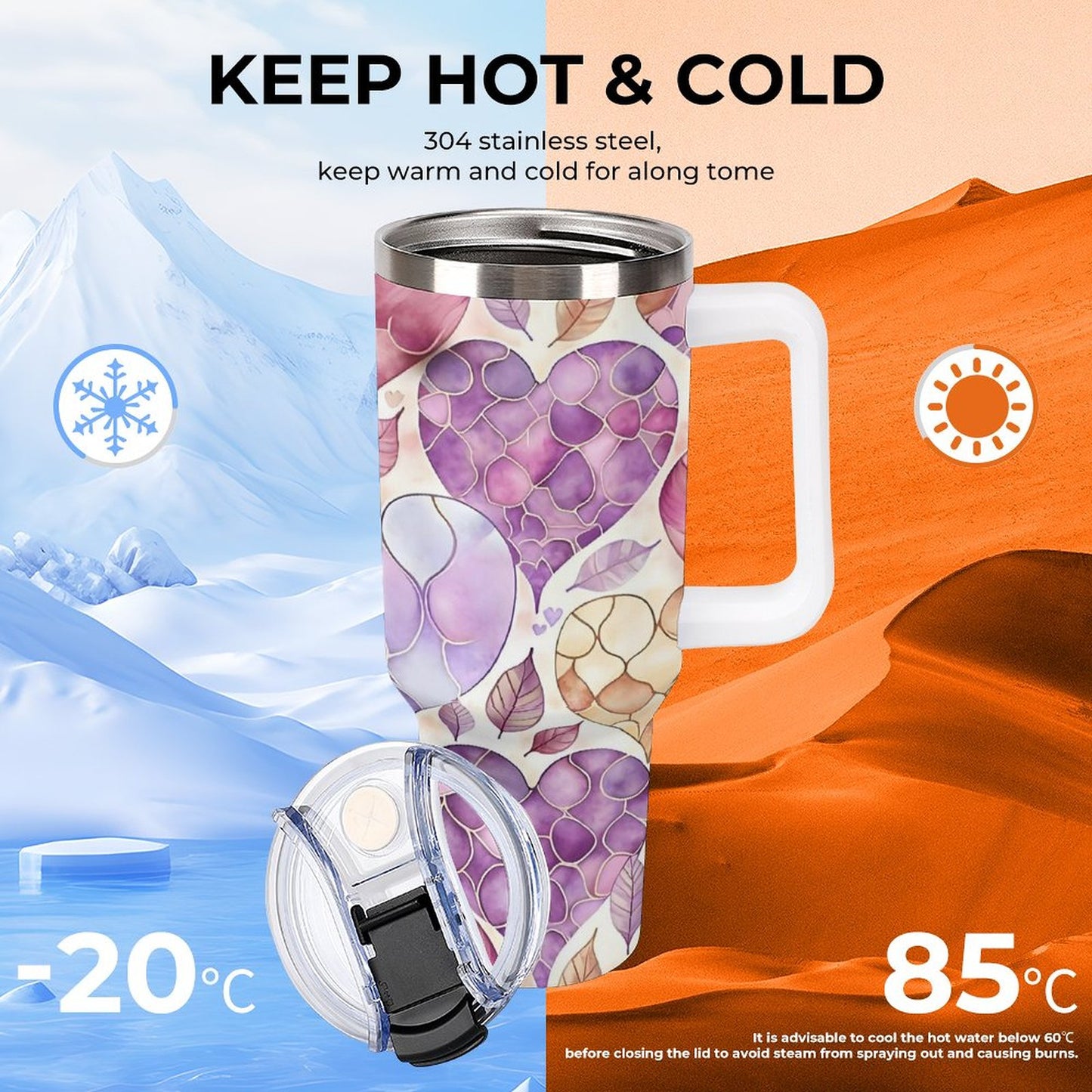 Hearts and Leaves 40oz Insulated Tumbler with Handle and Straw