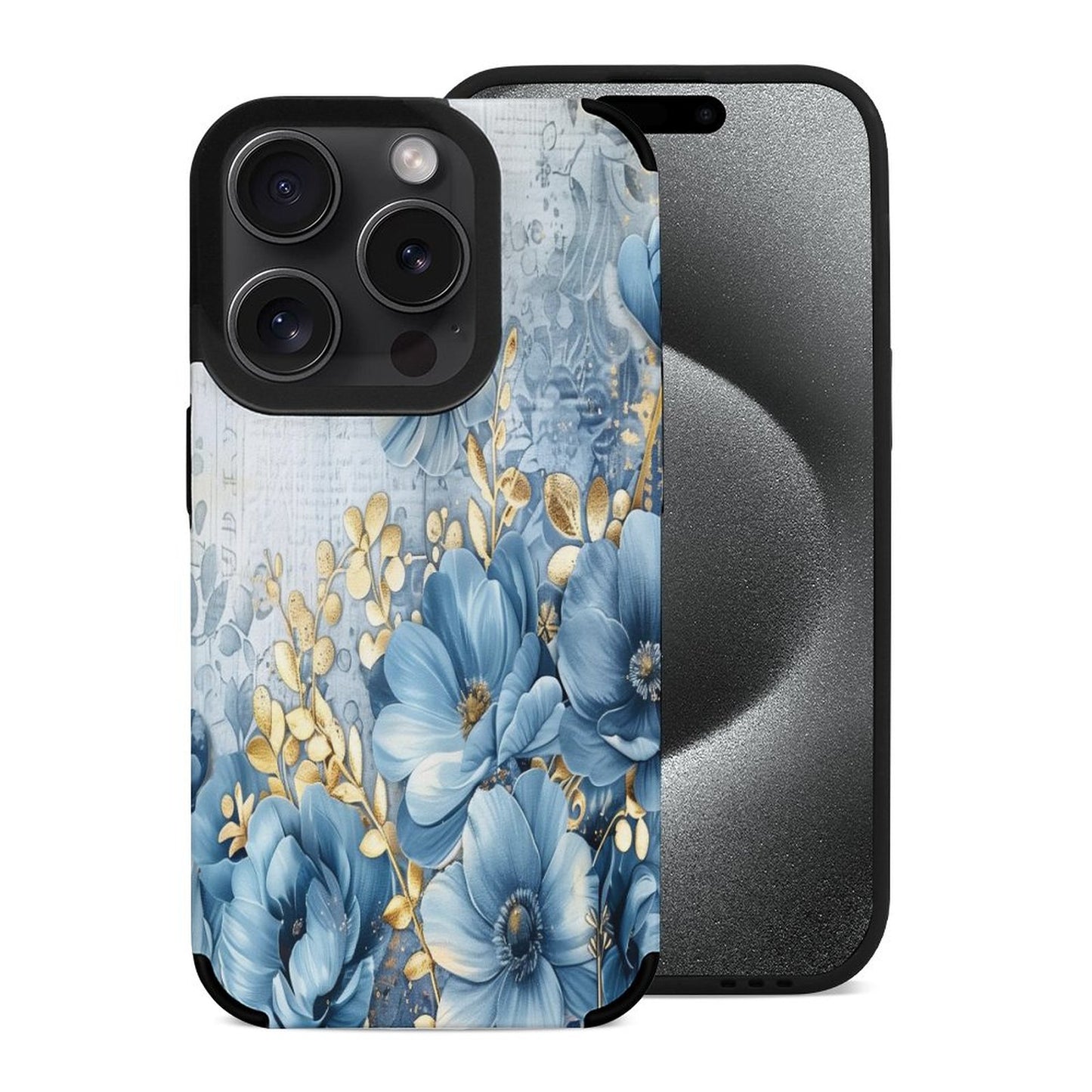 Blue and Gold Floral Microfiber iPhone Case for iPhone 15 Series