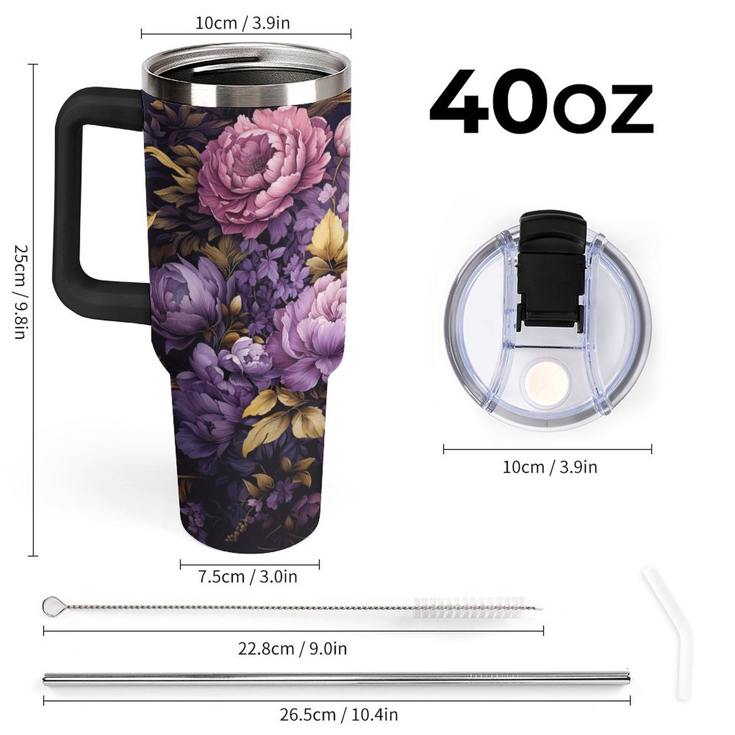 Purple Floral 40oz Insulated Tumbler with Handle and Straw